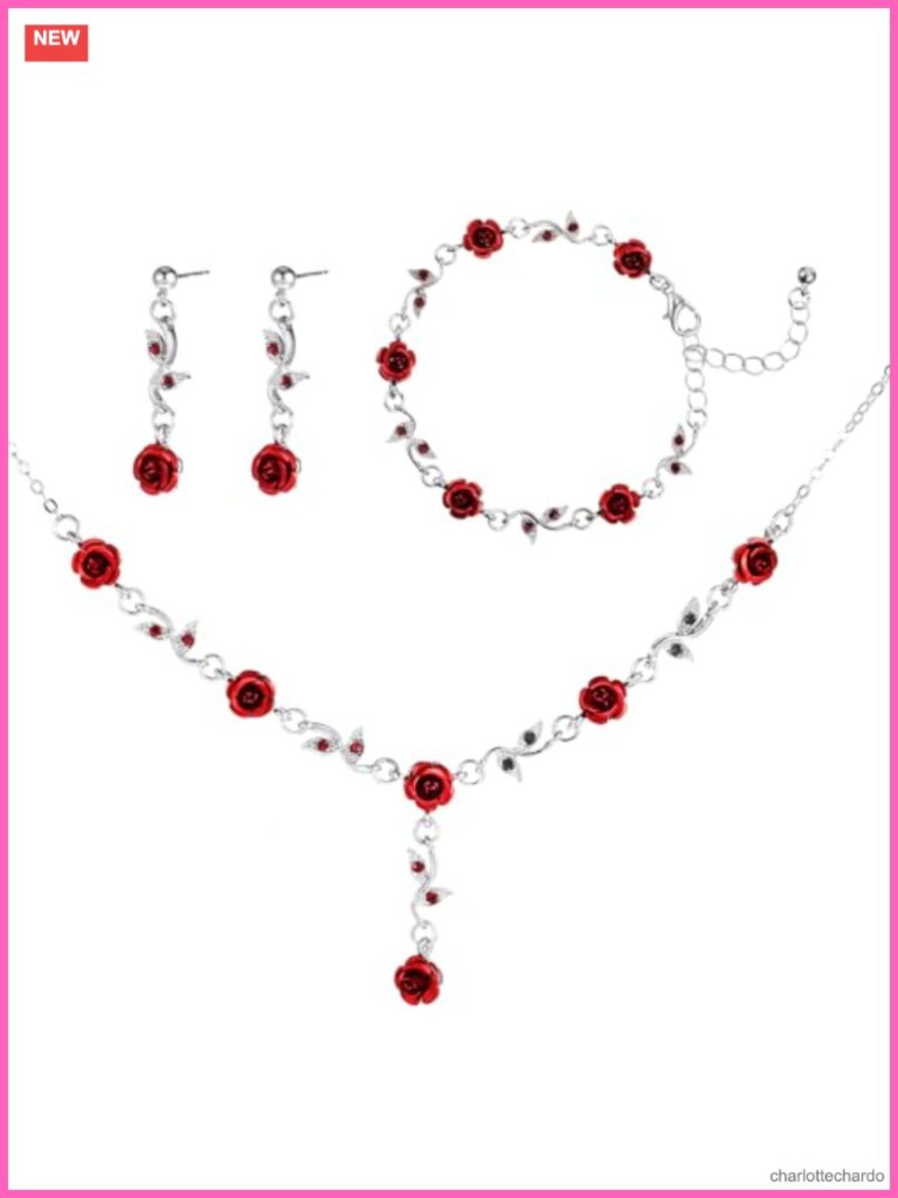3Pc Rose Jewelry Set Necklace Bracelet Earrings Vintage Style Adjustable